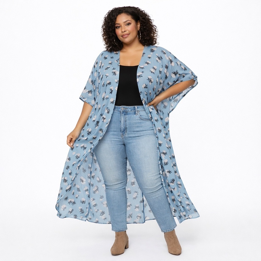 Torrid Blue W/ Black & Ivory Floral Chiffon Kimono Duster Cover-Up Size 4X/5X